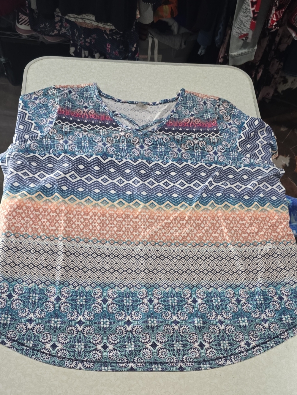 St. John's Bay Blue and Peach Multicolor Crisscross V-Neck Short Sleeve Top 2X - Picture 12 of 12